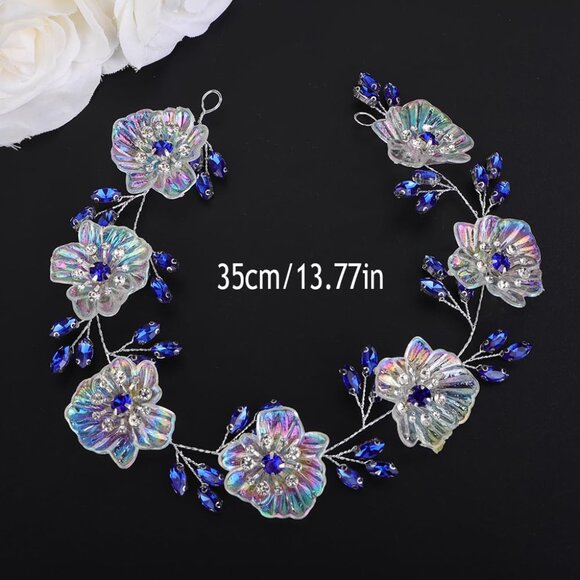 Iridescent AB Color Flower Hair Vine Bridal Red Crystal Headband with Flower Rhi - Picture 5 of 5